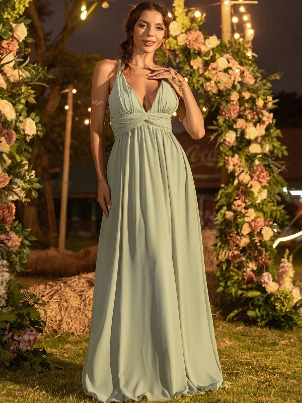 Green Chiffon Bridesmaid Dresses A Line Petite V Neck