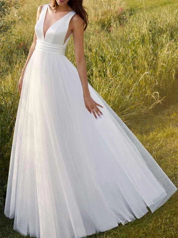 Modern A Line Wedding Dresses Sleeveless V Neck Organza