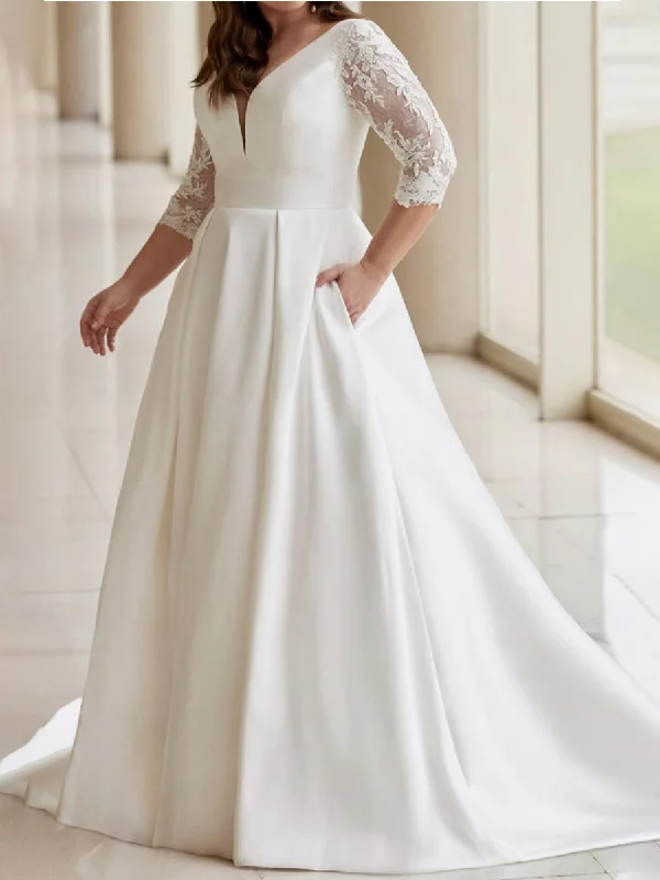 Plus Size Satin Wedding Dress | A-Line 3/4 Sleeve V-Neck