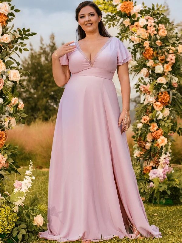 Plus Size Pink Bridesmaid Dresses V Neck Flutter Sleeves