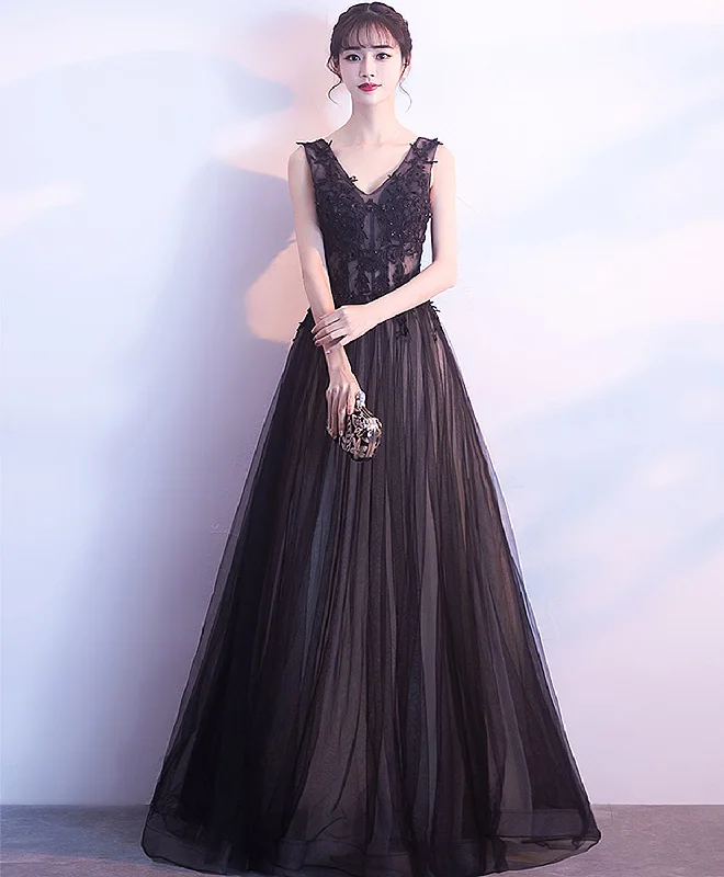 Black V Neck Tulle Lace Applique Long Prom Dress, Black Lace Bridesmaid Dress