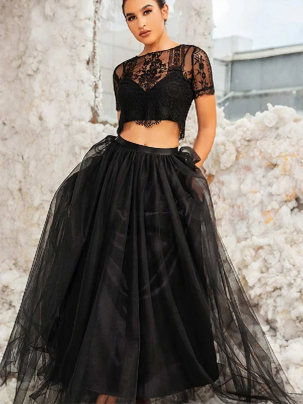 Black Two Piece Wedding Dress A-line Short Sleeve