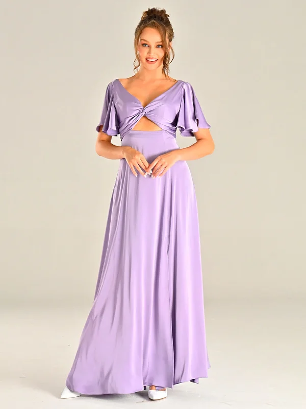 Lilac Satin Bridesmaid Dresses Flutter sleeves V Neck