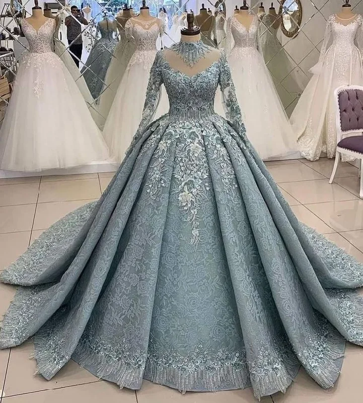 Blue retro elegant gorgeous exquisite beaded complex embroidery applique long Heavy Industry Customization ball gown evening dress noble wedding dress gh3164