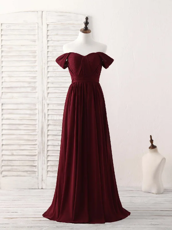 Burgundy Chiffon Off Shoulder Long Prom Dress Burgundy Bridesmaid Dress