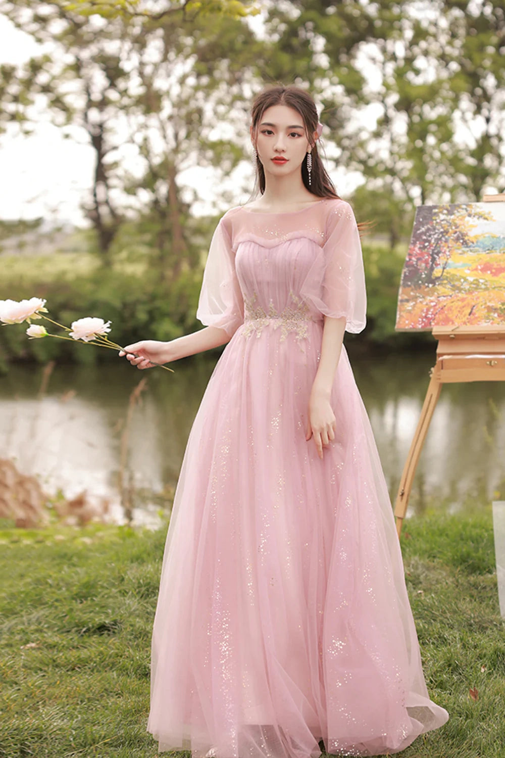 Pink Tulle Long A-Line Ball Gown Evening Gown Bridesmaid Dresses 8869