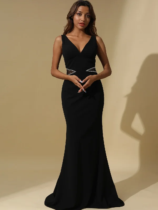 Black Bridesmaid Dresses No Slit Sleeveless V Neck