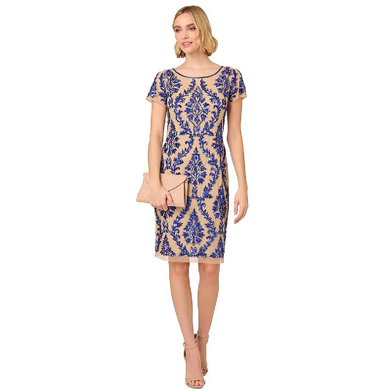 Adrianna Papell Womens Embellished Mesh Inset Cocktail And Party Dress