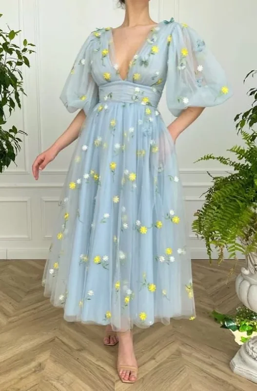 Blue floral tulle dress, Tulle dress prom, V-Neck puff sleeves prom dress, Wedding dress, Bridesmaid dress, Mesh Princess Dress  gh1823