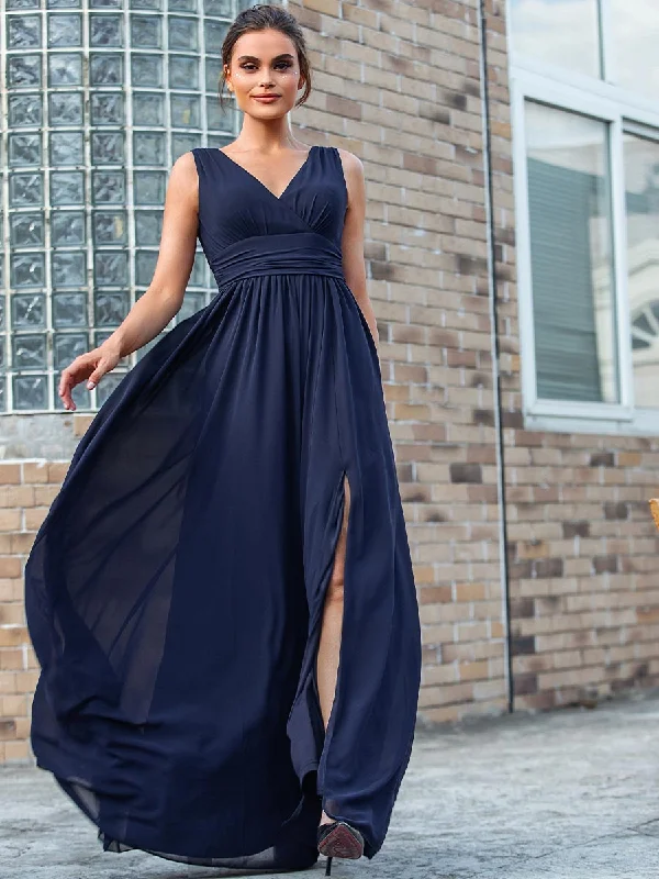 Navy Blue Chiffon Bridesmaid Dress V-Neck Sleeveless