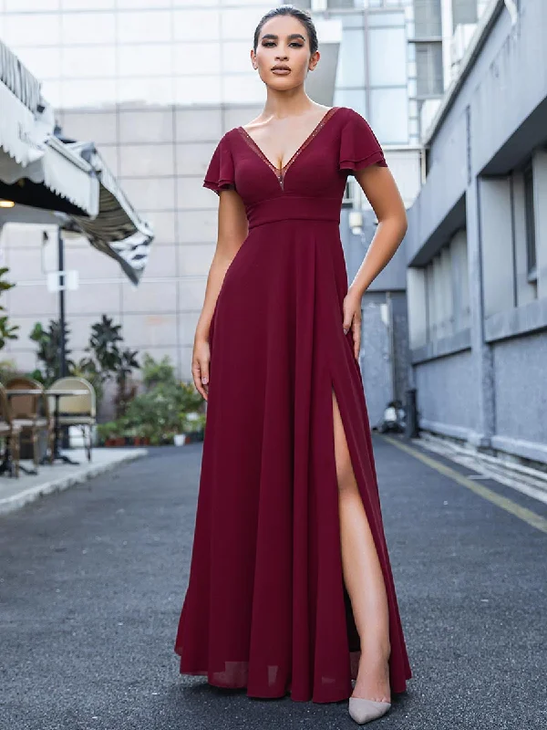 Wine Red Bridesmaid Dresses V-Neck Slit