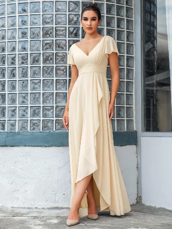 Chiffon V Neck Bridesmaid Dress Light Beige Ruffle