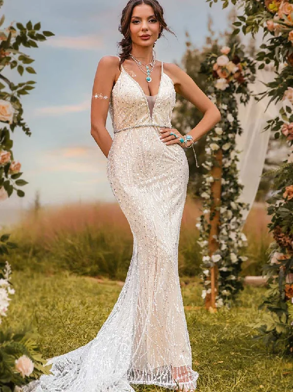 Mermaid Champagne Wedding Dress Lace Slip Glitter