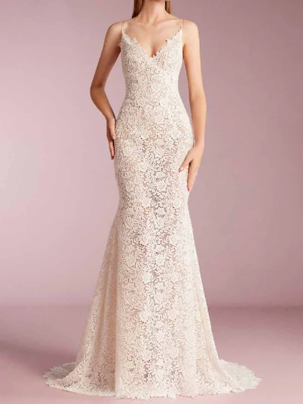 Sleeveless Mermaid Wedding Dress V-Neck Lace Embroidery