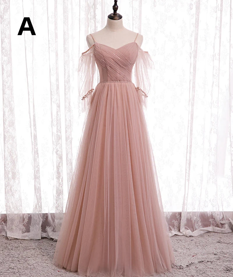 Pink Elegant A-line Tulle Long Ball Gown Evening Gown Bridesmaid Dress 8369