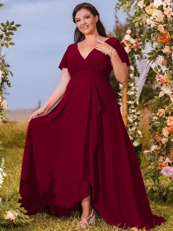 Plus Size Red Bridesmaid Dresses V Neck Chiffon