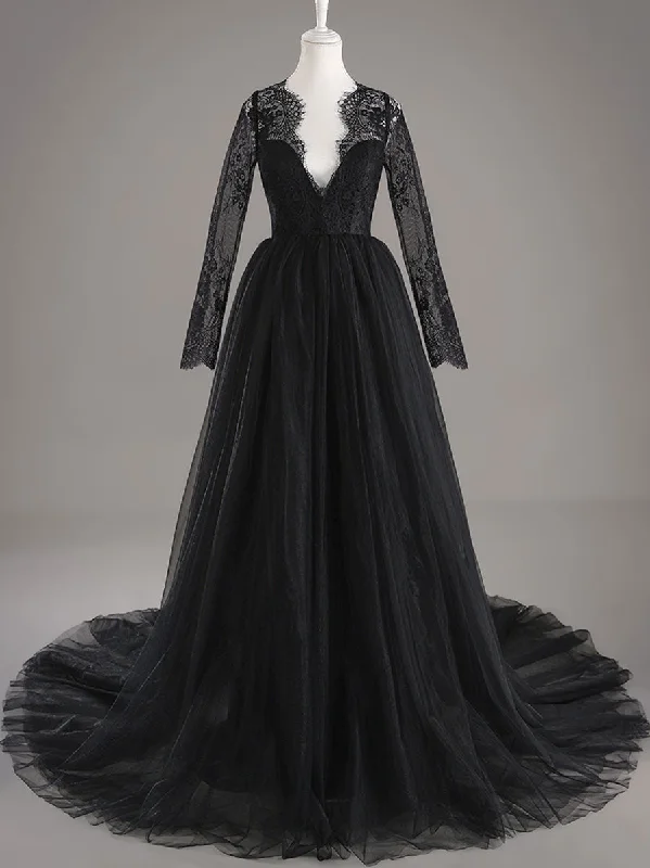 Black Lace Long Sleeve Wedding Dress A line V neck Tulle Gowns