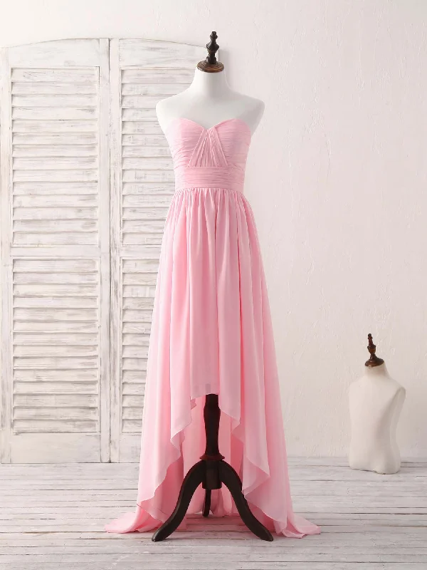 Pink Sweetheart Neck Chiffon High Low Prom Dress, Bridesmaid Dress