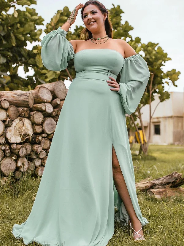 Plus Size Green Bridesmaid Dresses Chiffon Puffed Sleeves