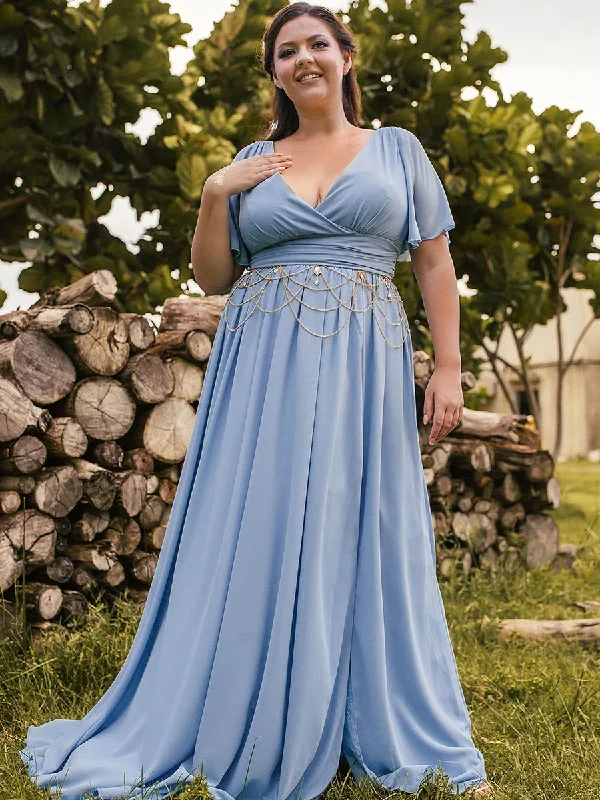 Steel Blue Bridesmaid Dresses Plus Size Flutter Sleeve V Neck