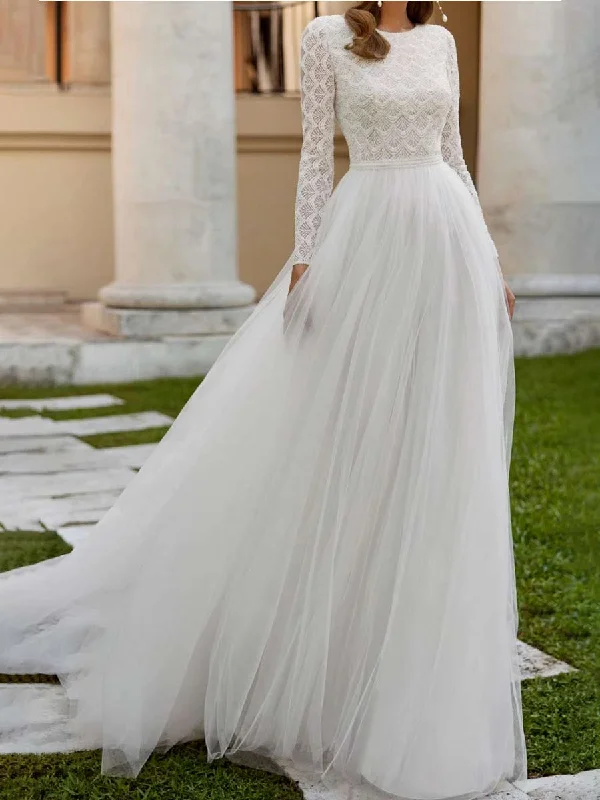 Winter A Line Wedding Dress With Long Lace Sleeves