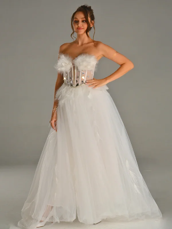 Strapless Tulle Wedding Dress With Feathered And Mirror Trim