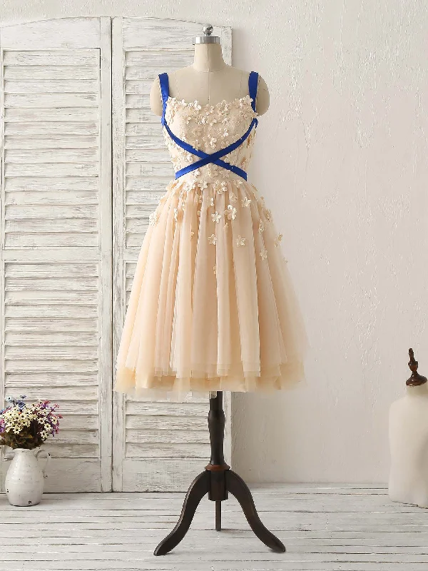 Champagne Tulle Applique Short Prom Dress, Bridesmaid Dress