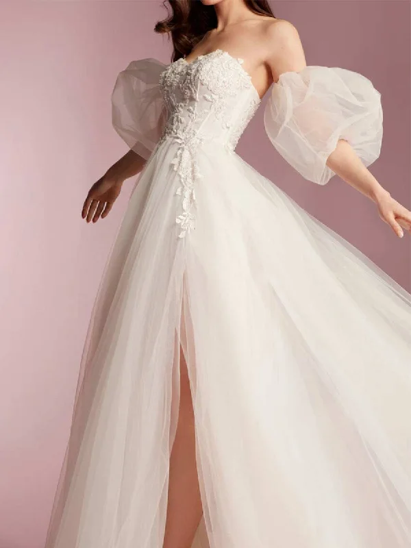 2024 Princess Puffy Wedding Dress A-line Slit Tulle