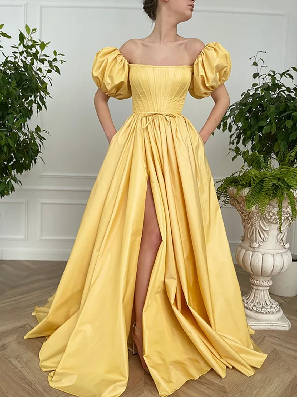 Vintage Fairy Corset Dress, A line Straight Long Yellow Taffeta Prom Dress Ball Gown, Short Sleeve Wedding Ball Gown Prom Dress with Slit gh2420