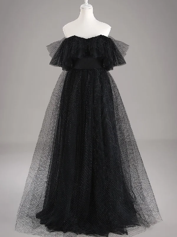 Unique Black Wedding Dresses Mesh Tulle Sleeve flutter Gowns