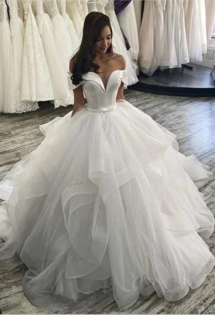 White sweetheart neckline long tulle off-shoulder A-line princess wedding dress designer wedding dress gh2452