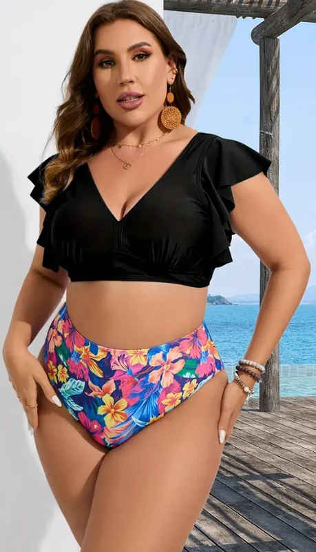 Plus Size Black Floral Tropical Print Ruffle Sleeve High Waist Bikini