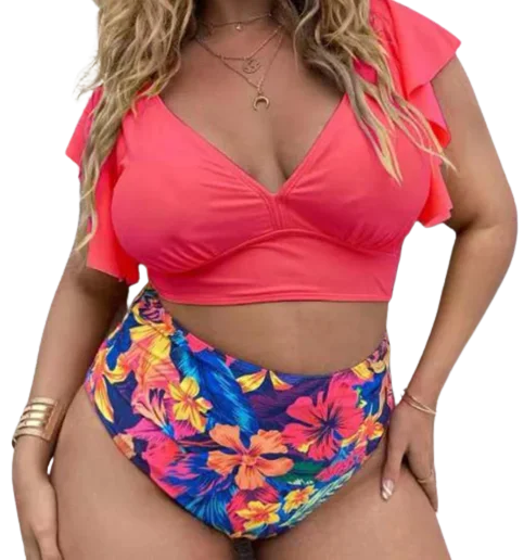 Plus Size Pink Floral Tropical Print Ruffle Sleeve High Waist Bikini