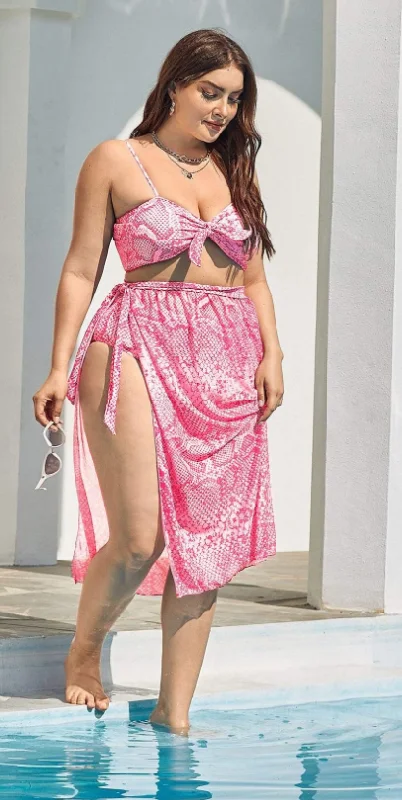 Plus Size Three Piece Fish Scale Print Knotted Swimsuit Pink