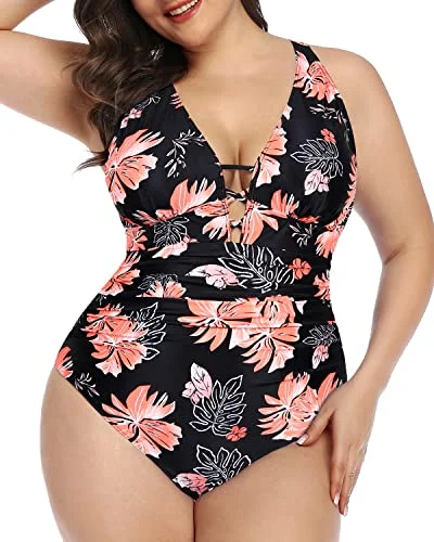 Criss Cross Back Plus Size Ruched One Piece Swimsuit-Black Orange Floral