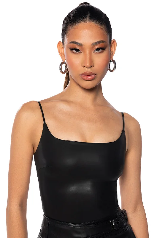 ULTRA STRETCH FAUX LEATHER SQUARE NECK BODYSUIT IN BLACK