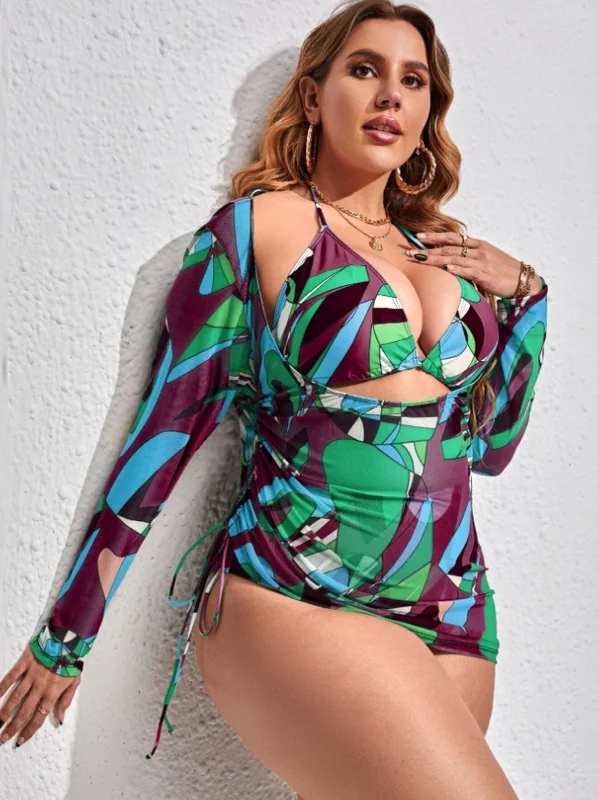 3pack Plus Print Bikini Swimsuit & Cover Up Dark Green