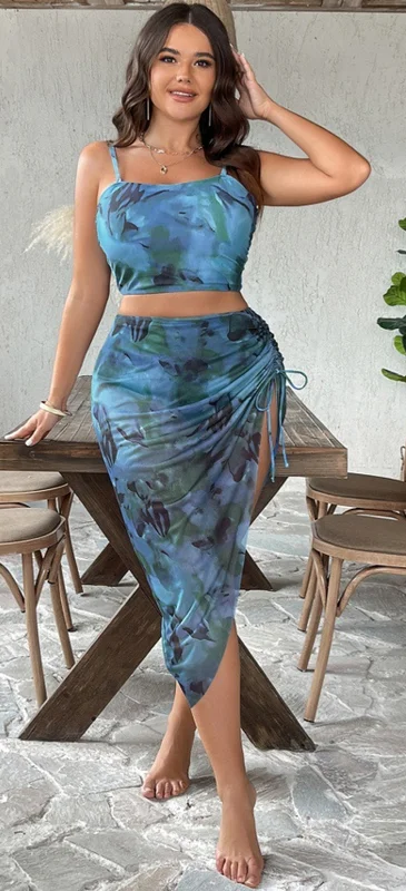 Plus Size Casual Random Printed Sleeveless Swimsuit Light Blue