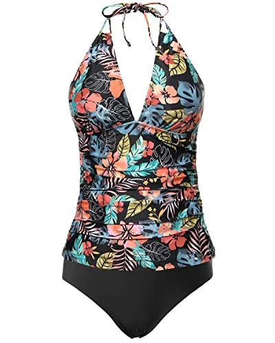 Adjustable Straps Padded Bra Tankini Swimsuits Tummy Control-Black Red Flower