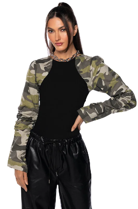 MOVING DISCREETLY CAMO STRETCH KNIT BODYSUIT