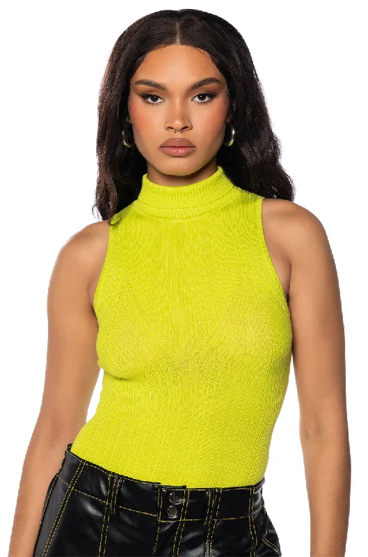 PAXTON SLEEVELESS SEXY TURTLENECK RIB BODYSUIT IN LIME