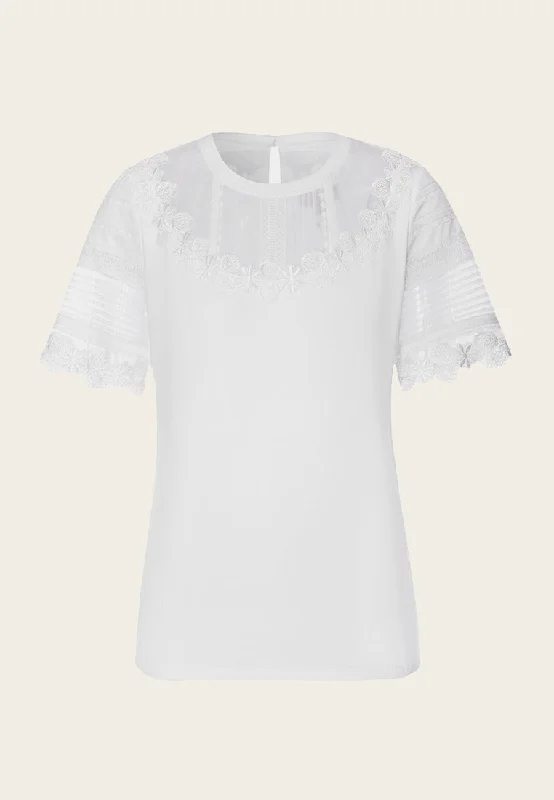 Mesh Mix Lace Detailing White T-shirt