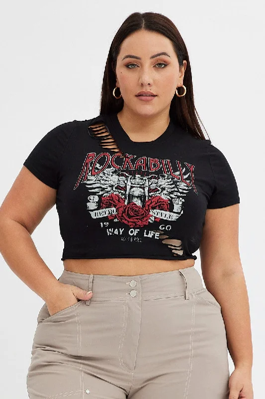 Black Graphic T-shirt Rockabilly Distressed Crop