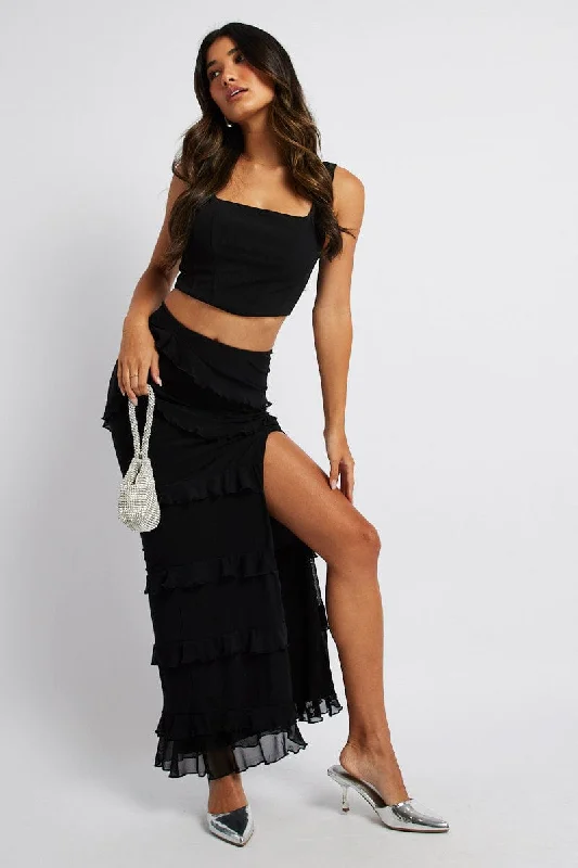 Black Maxi Skirt Mesh Frilled Mesh