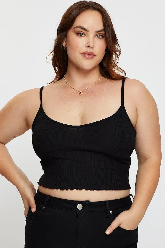 Black Singlet Top Round Neck Jersey Rib