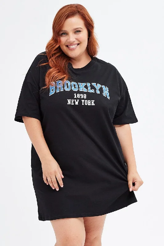 Black T-shirt Dress Short Sleeve Brooklyn Logo Cotton