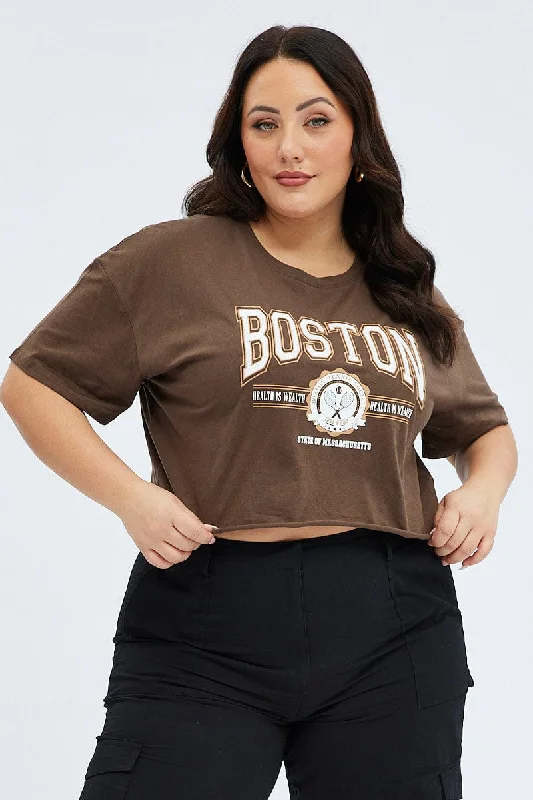 Brown Graphic T-shirt Short Sleeve Crew Neck