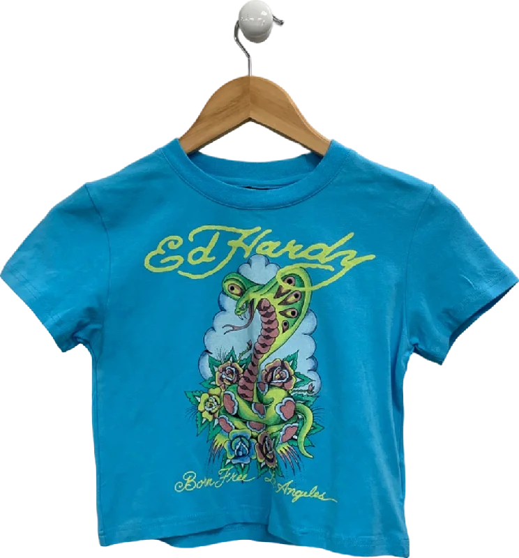 Ed Hardy Blue LA-Cobra Graphic Baby Crop Tee UK S