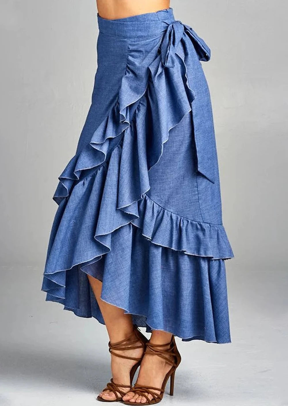 Elegant Plain High Waist Lace-Up Asymmetrical Ruffle Midi Skirt