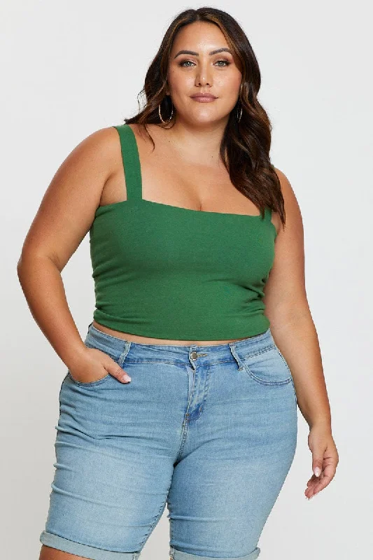 Green Singlet Top Square Neck Crop